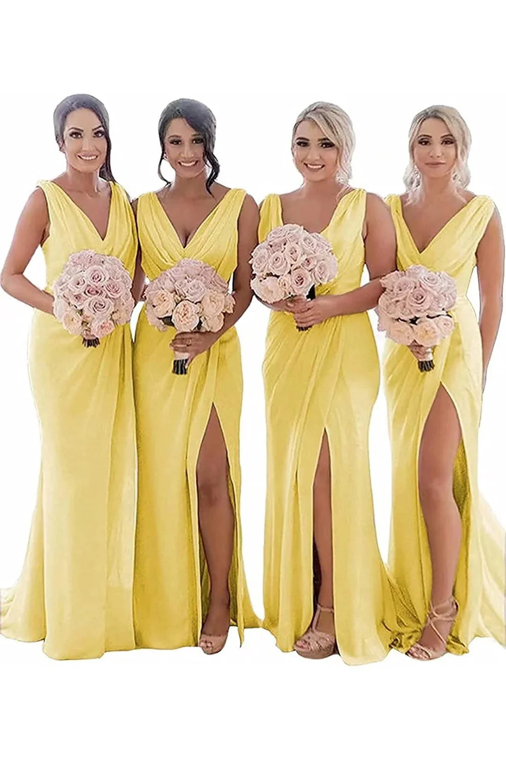 Kerli | Ivory Sheath Chiffon Ruched Long Bridesmaid Dress with Slit