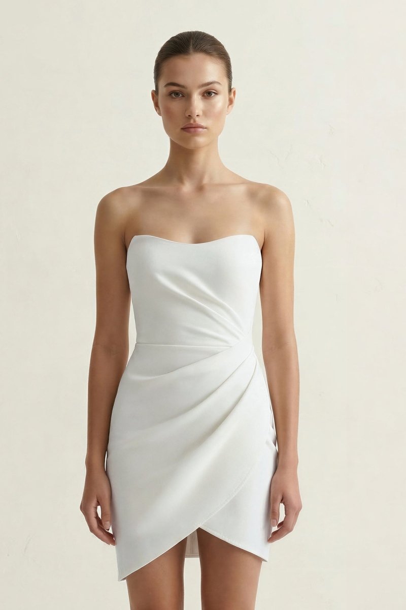 Ivory Strapless Satin Sheath Ruched Graduation Dress