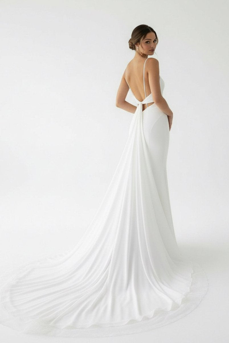 Ivory Sweetheart Backless Mermaid Long Wedding Dress with Attached Train - KissProm
