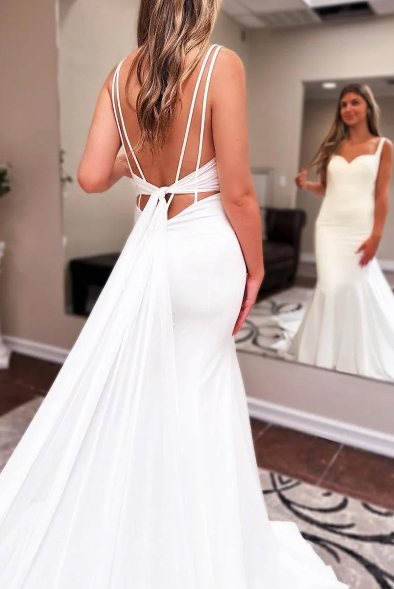 Ivory Sweetheart Backless Mermaid Long Wedding Dress with Attached Train - KissProm