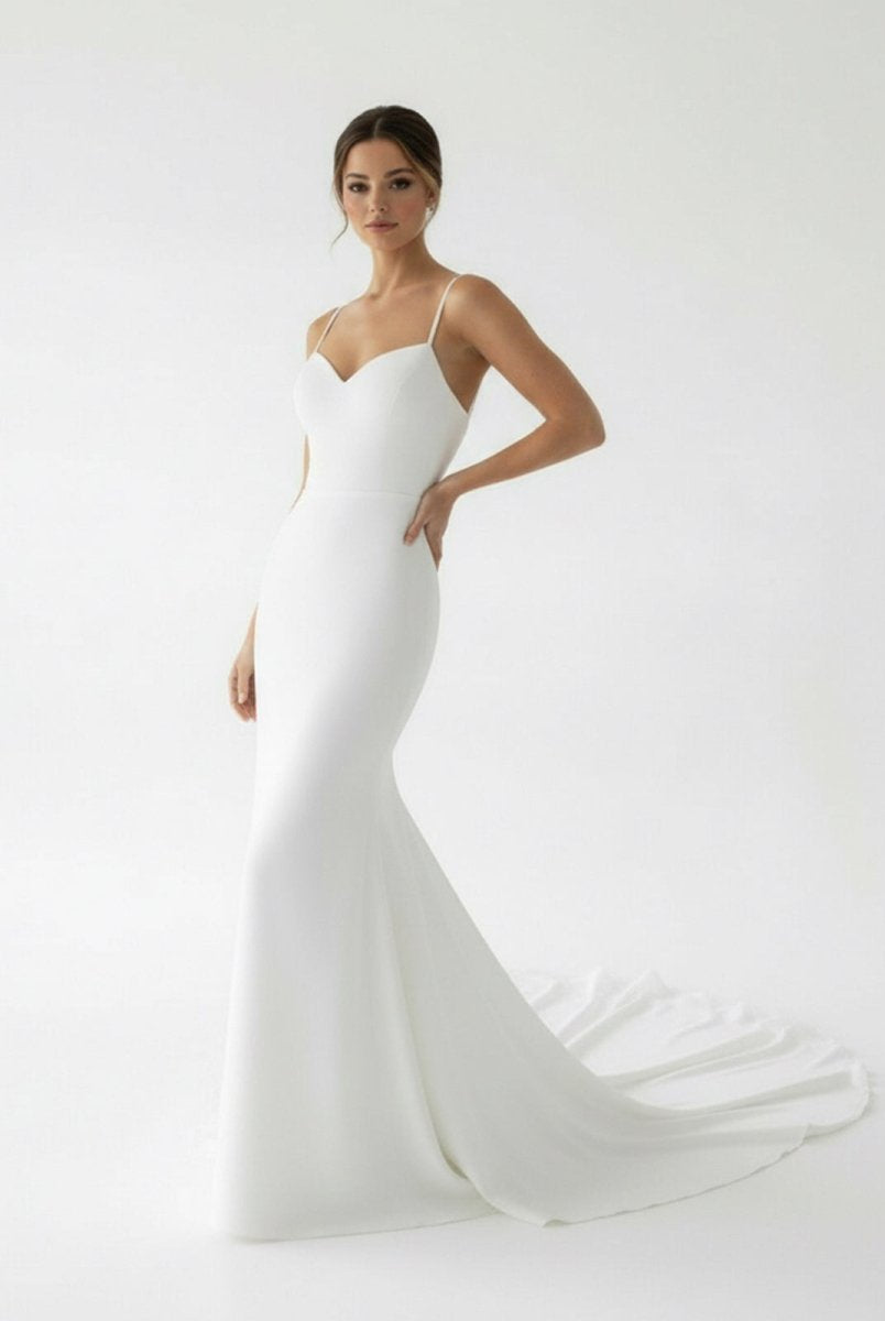Ivory Sweetheart Backless Mermaid Long Wedding Dress with Attached Train - KissProm