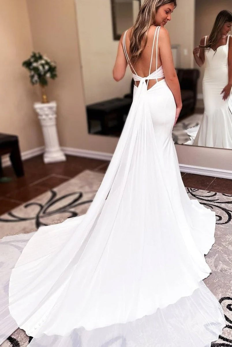 Ivory Sweetheart Backless Mermaid Long Wedding Dress with Attached Train - KissProm