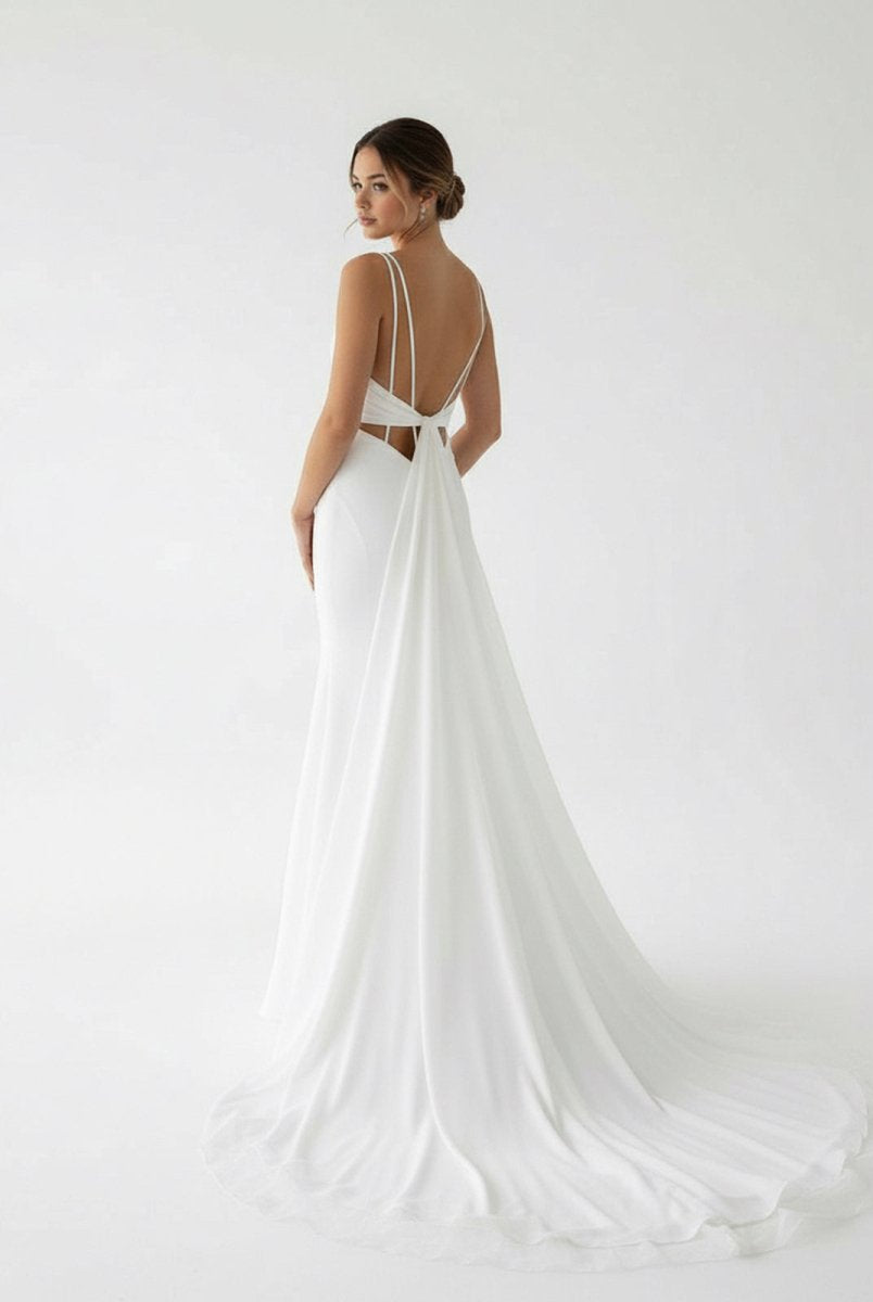 Ivory Sweetheart Backless Mermaid Long Wedding Dress with Attached Train - KissProm