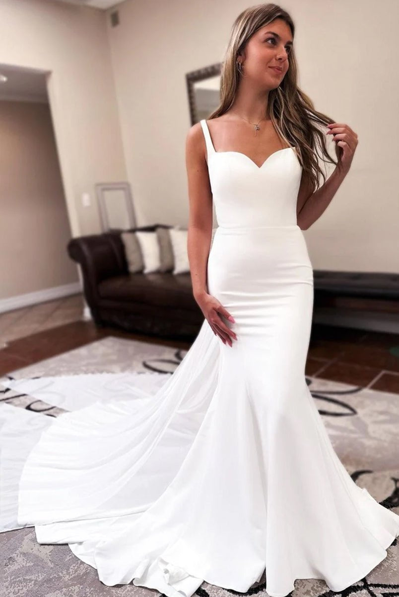 Ivory Sweetheart Backless Mermaid Long Wedding Dress with Attached Train - KissProm