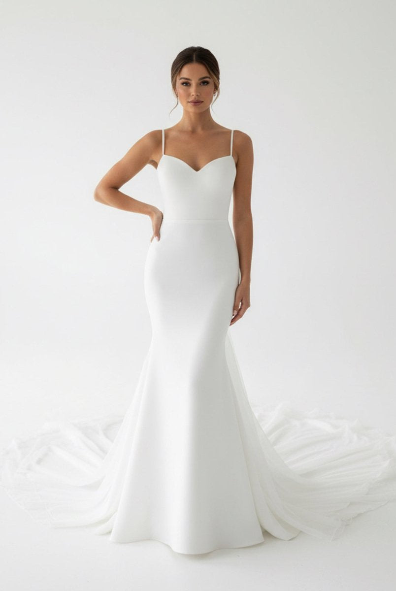 Ivory Sweetheart Backless Mermaid Long Wedding Dress with Attached Train - KissProm