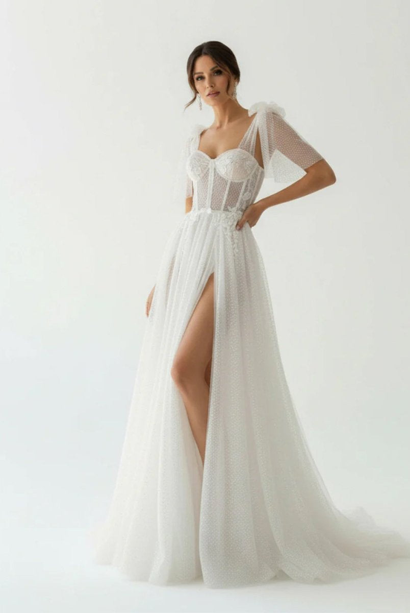 Luna | Ivory Straps A Line With Sequins Sleeveless Wedding Dresses - KissProm