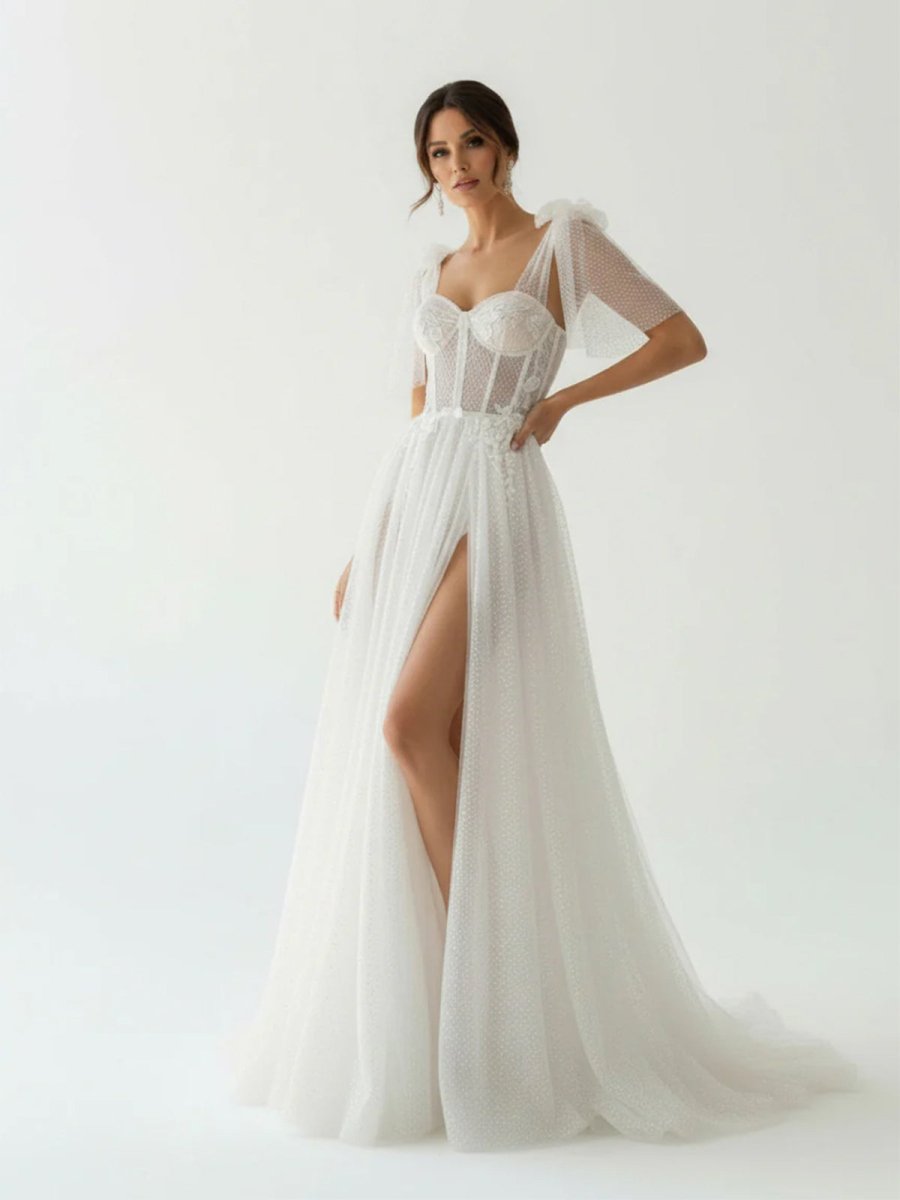 Luna | Ivory Straps A Line With Sequins Sleeveless Wedding Dresses - KissProm
