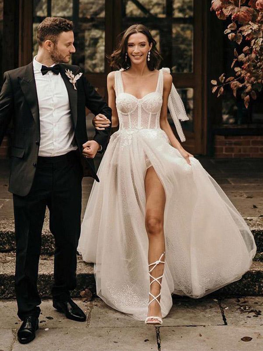 Luna | Ivory Straps A Line With Sequins Sleeveless Wedding Dresses - KissProm