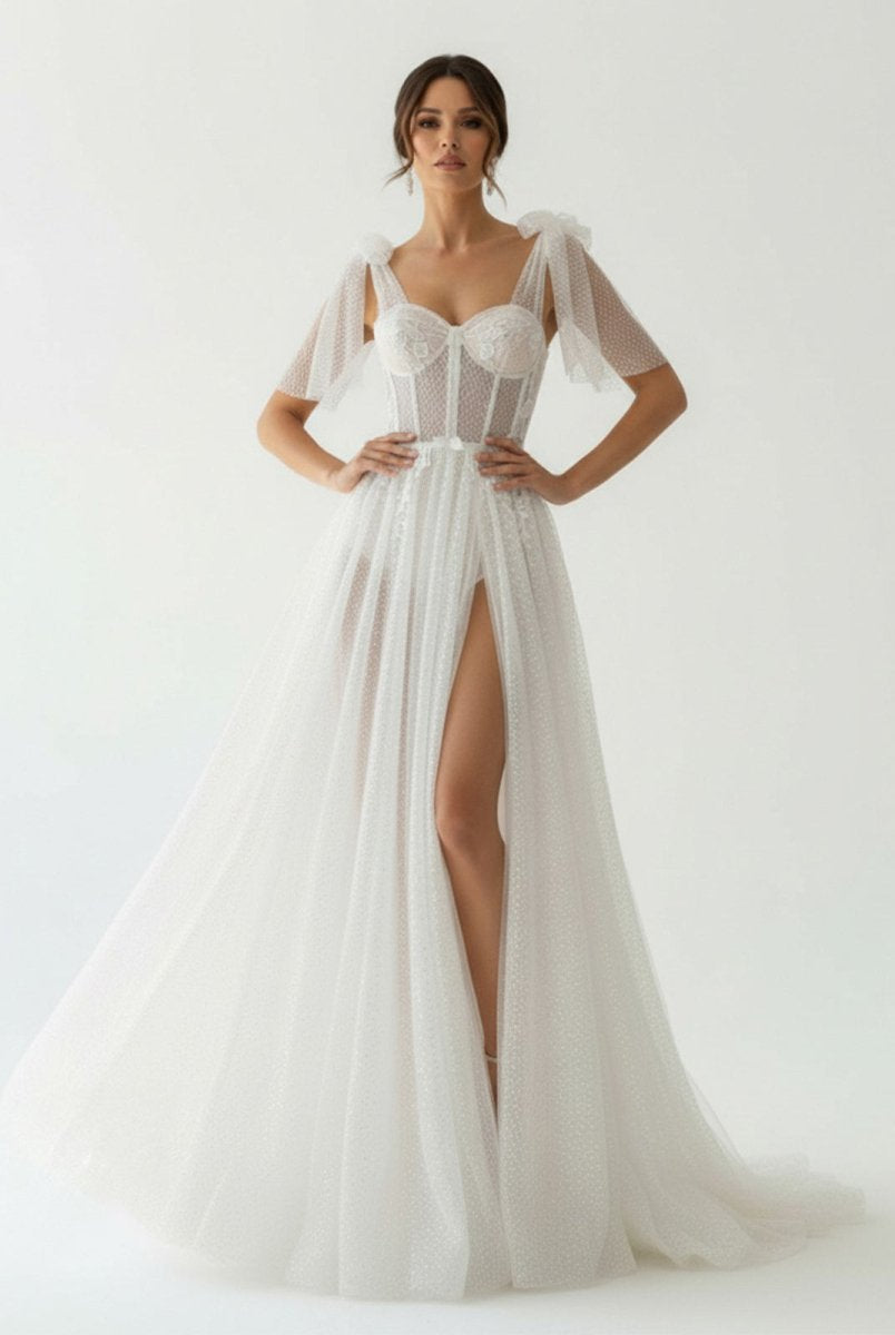 Luna | Ivory Straps A Line With Sequins Sleeveless Wedding Dresses - KissProm