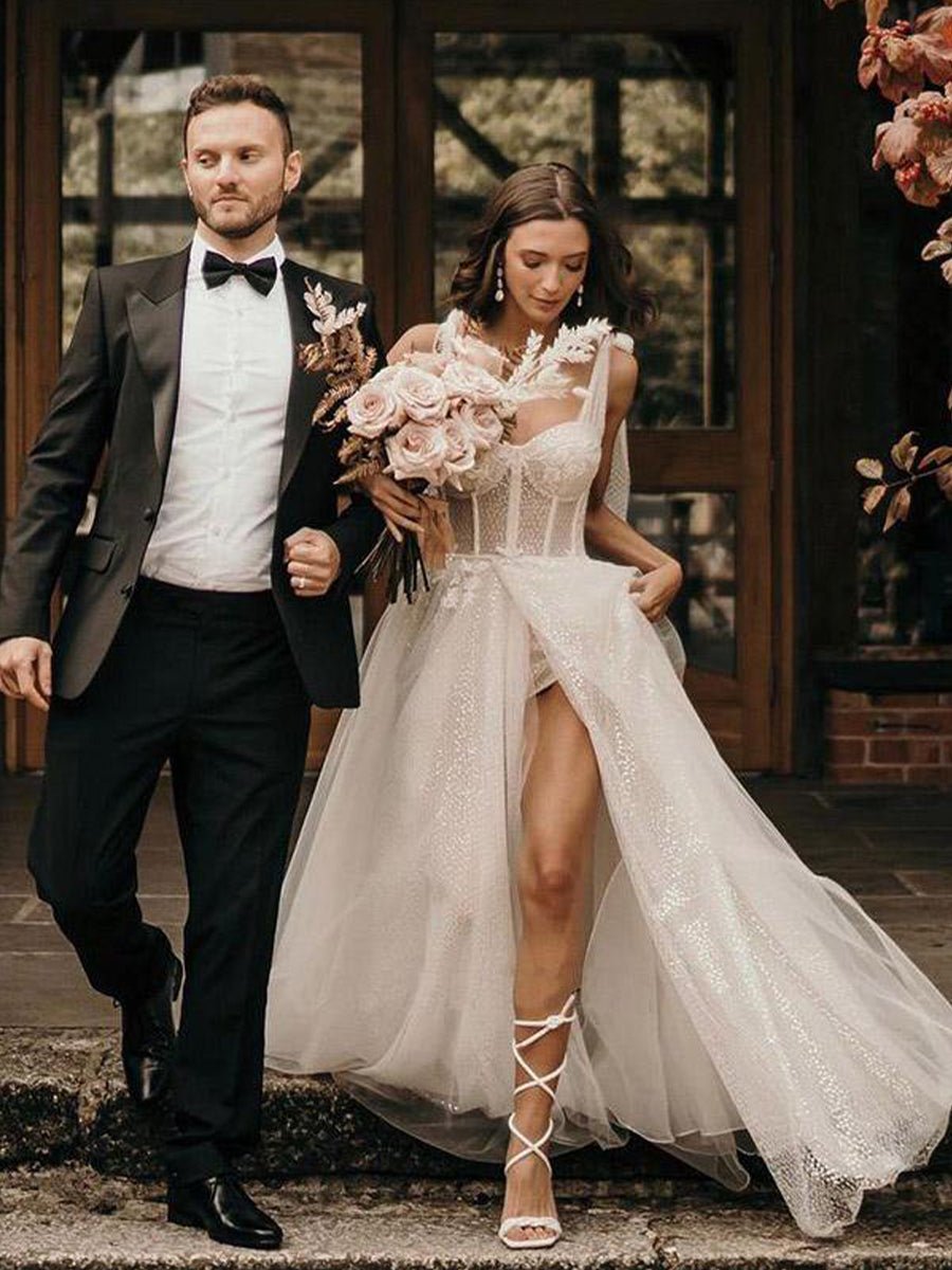 Luna | Ivory Straps A Line With Sequins Sleeveless Wedding Dresses - KissProm