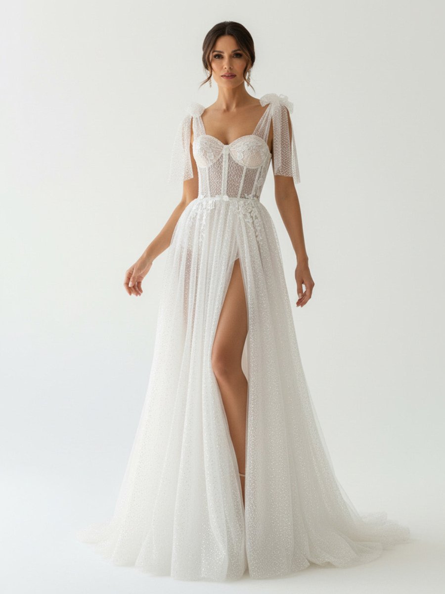 Luna | Ivory Straps A Line With Sequins Sleeveless Wedding Dresses - KissProm