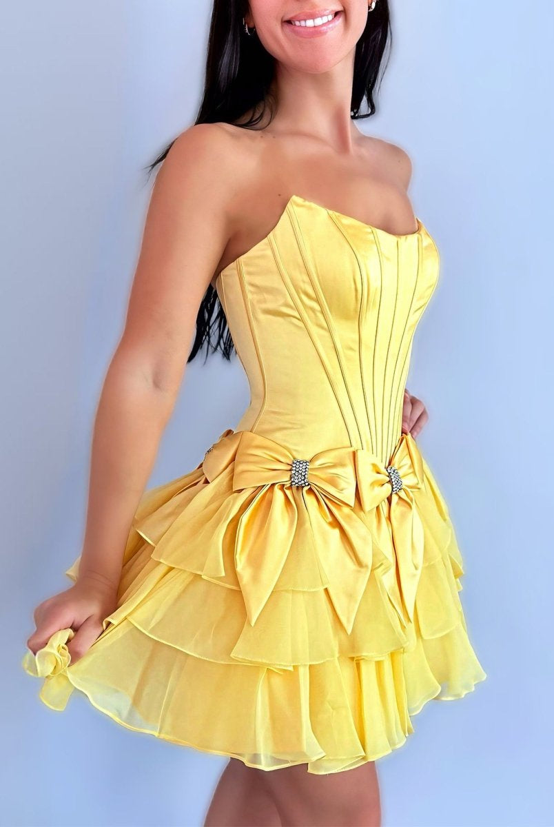 Izara | Yellow - A Line Scoop Neck Ruffles Corset Homecoming Dresses with Bows
