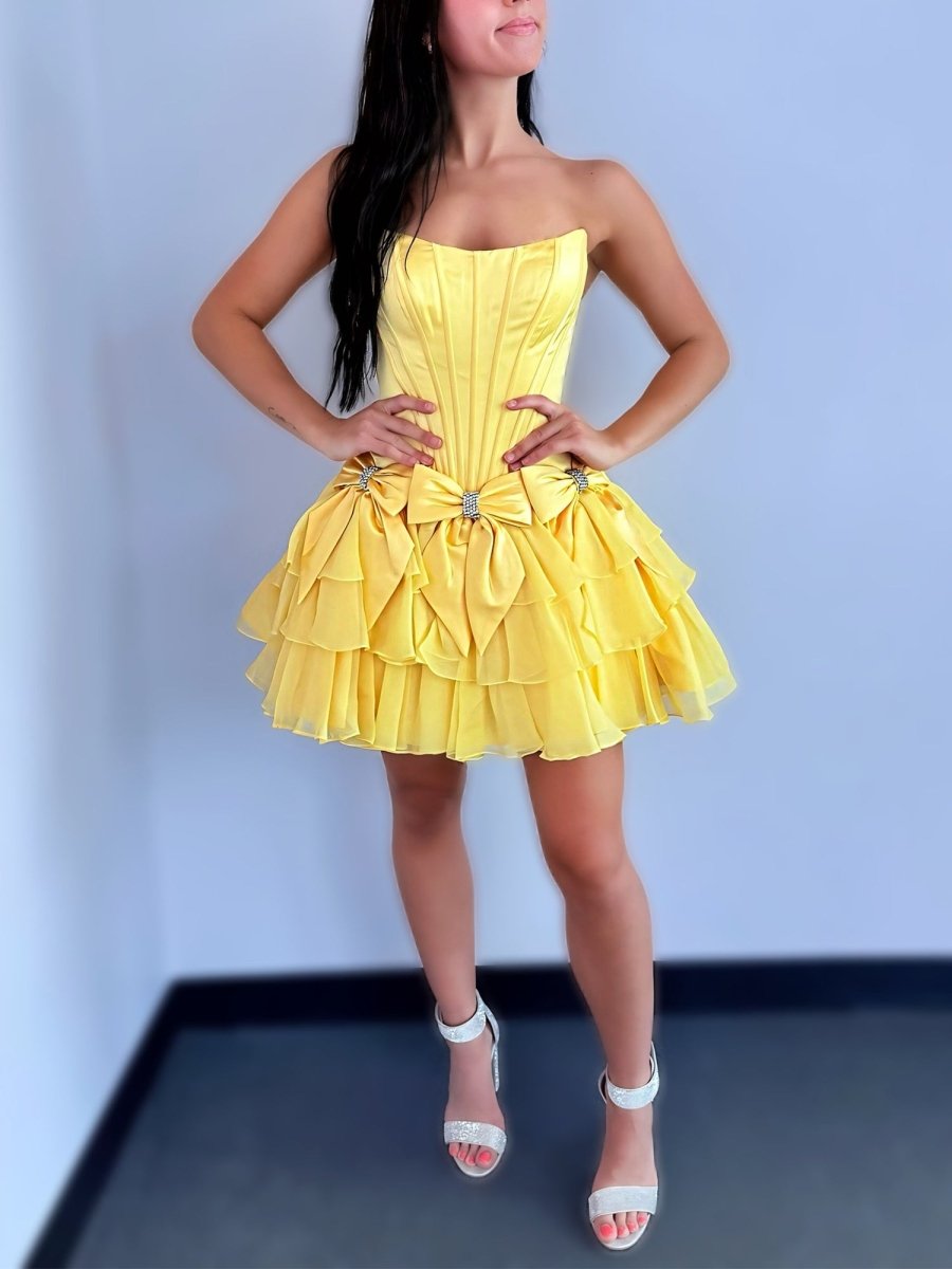 Izara | Yellow - A Line Scoop Neck Ruffles Corset Homecoming Dresses with Bows