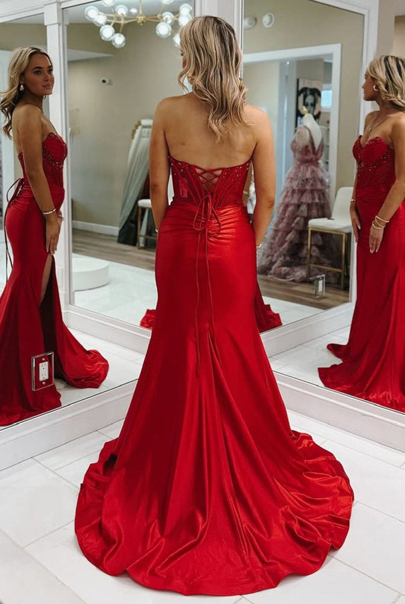 Izzy | Mermaid Strapless Keyhole Red Satin Long Prom Dresses with Slit