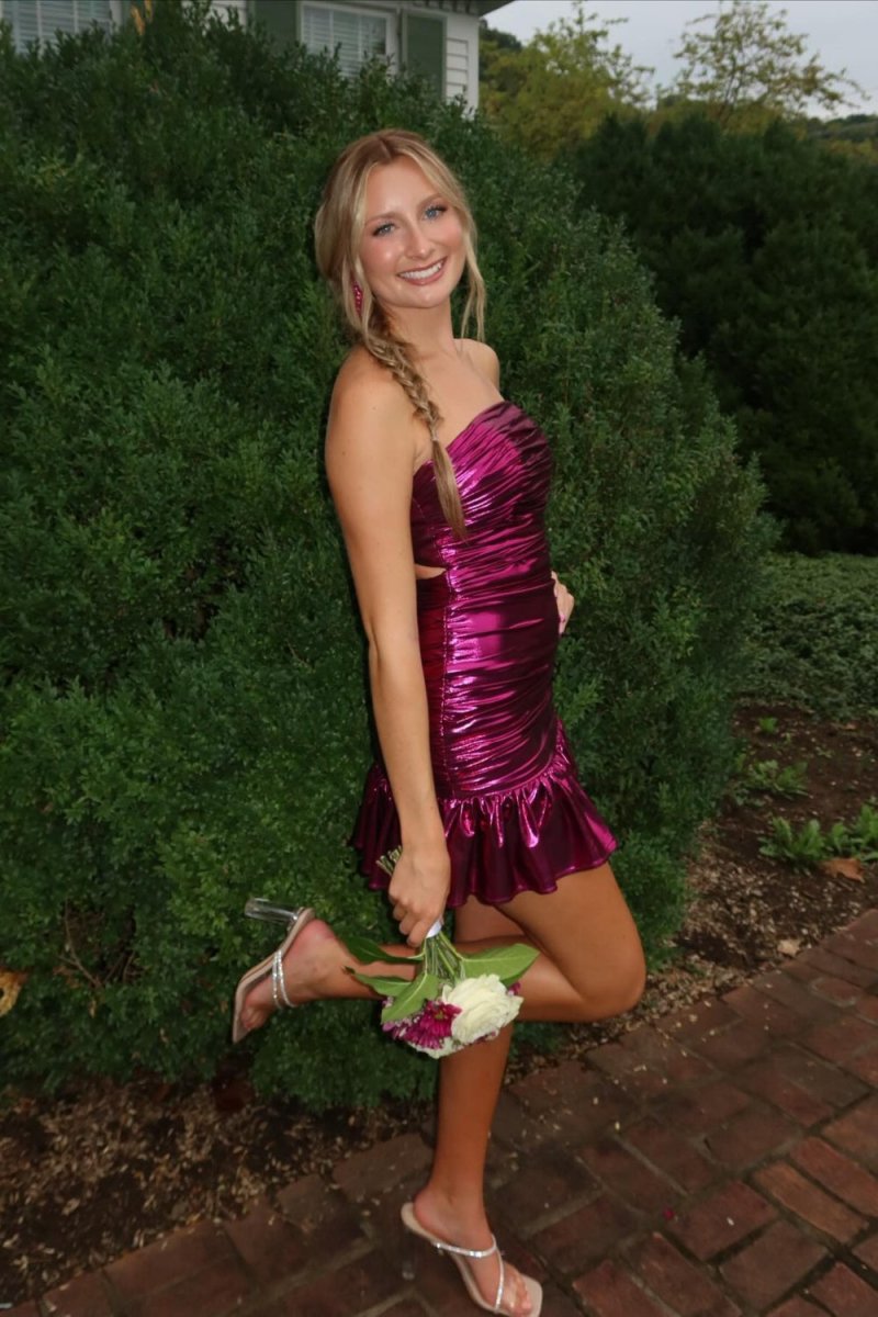 Jacinth | Magenta- Sheath Strapless Metallic Ruffles Pleated Short Homecoming Dress