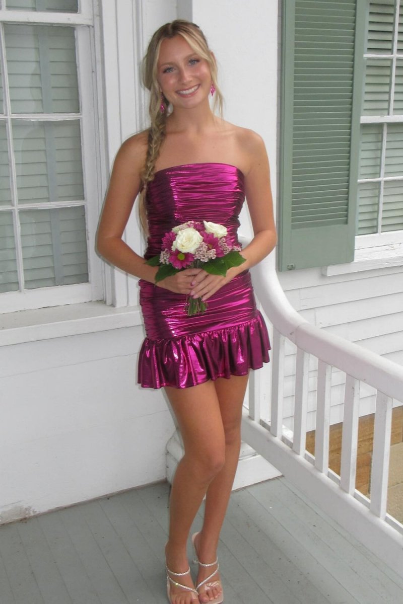 Jacinth | Magenta- Sheath Strapless Metallic Ruffles Pleated Short Homecoming Dress