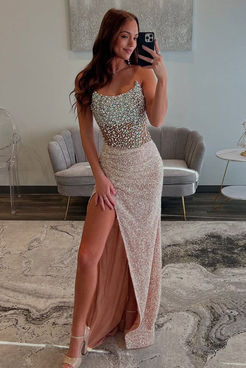 Jacqueline | Mermaid Champagne Strapless Sequins Long Prom Dresses with Slit