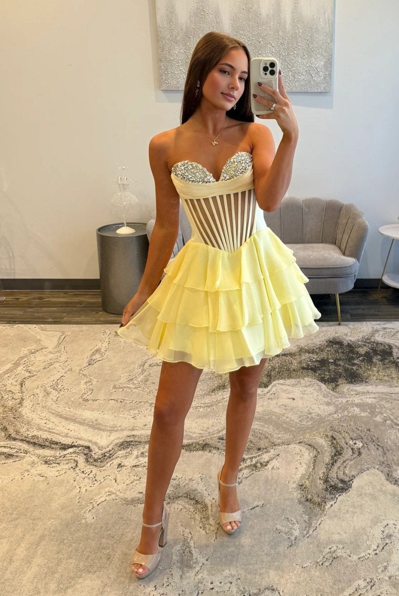Jaelith | Yellow - A Line Sweetheart Chiffon Ruffles Corset Homecoming Dresses with Beads