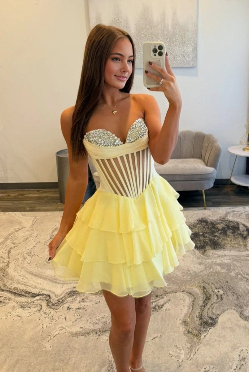 Jaelith | Yellow - A Line Sweetheart Chiffon Ruffles Corset Homecoming Dresses with Beads