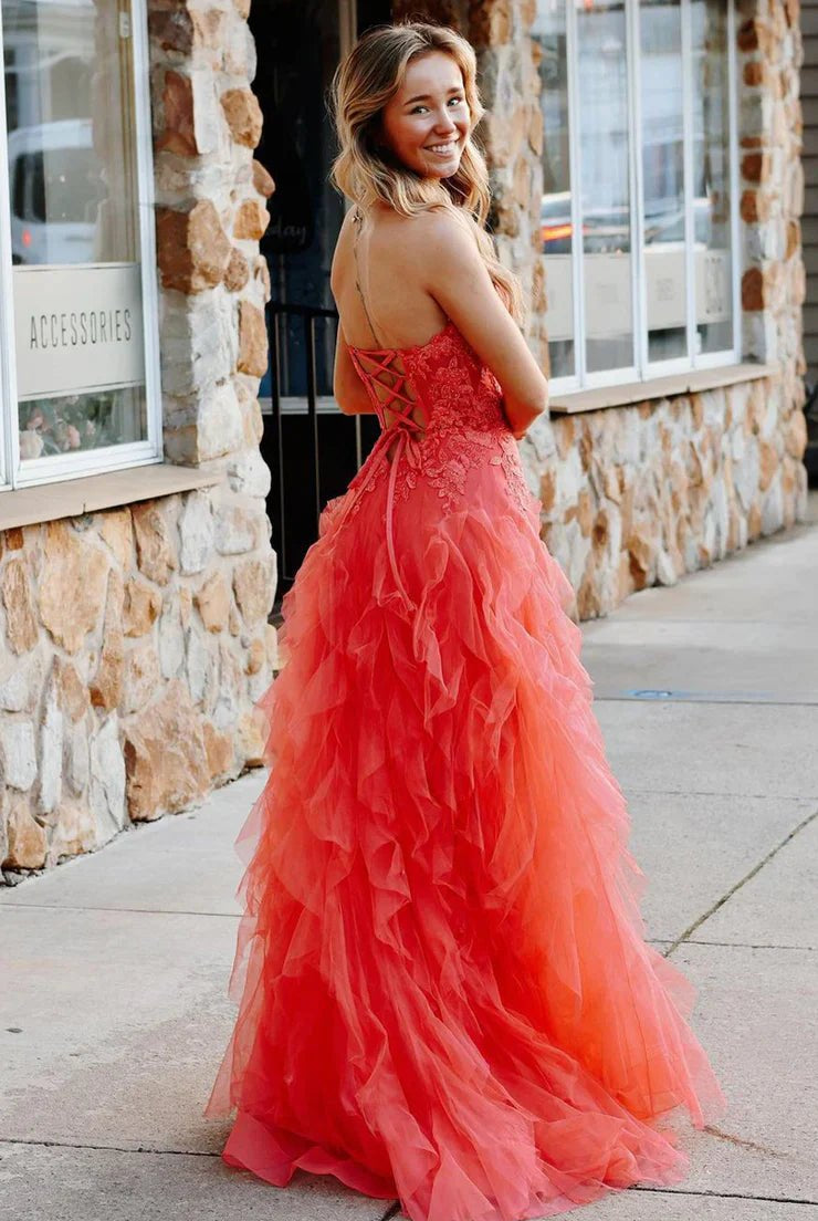 Kaycee | A-Line Coral Tulle Strapless Layered Prom Dress with Appliques