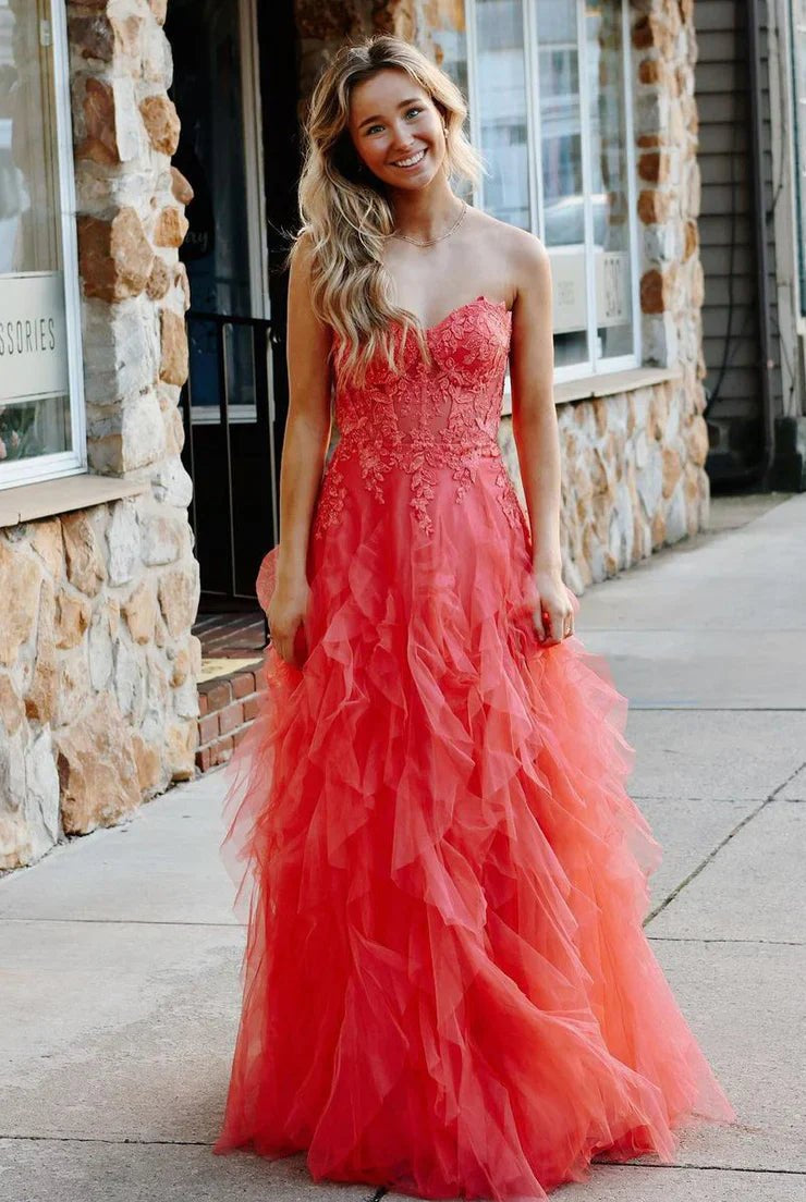 Kaycee | A-Line Coral Tulle Strapless Layered Prom Dress with Appliques