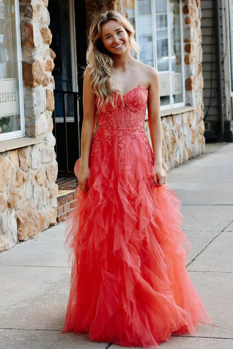 A-Line Coral Tulle Strapless Layered Prom Dress with Appliques A-Line Coral Tulle Strapless Layered Prom Dress with Appliques
