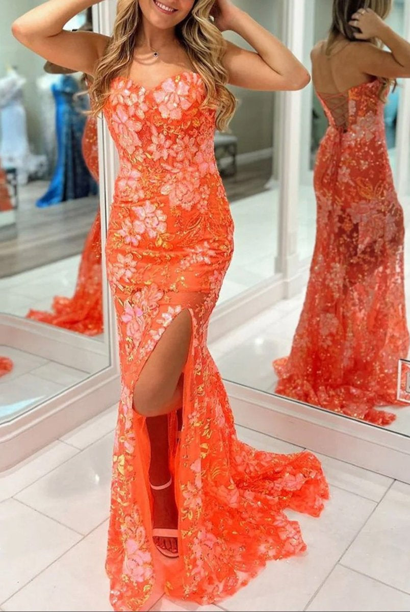 Jalea | Orange Sweetheart Mermaid Lace Long Prom Dresses With Split