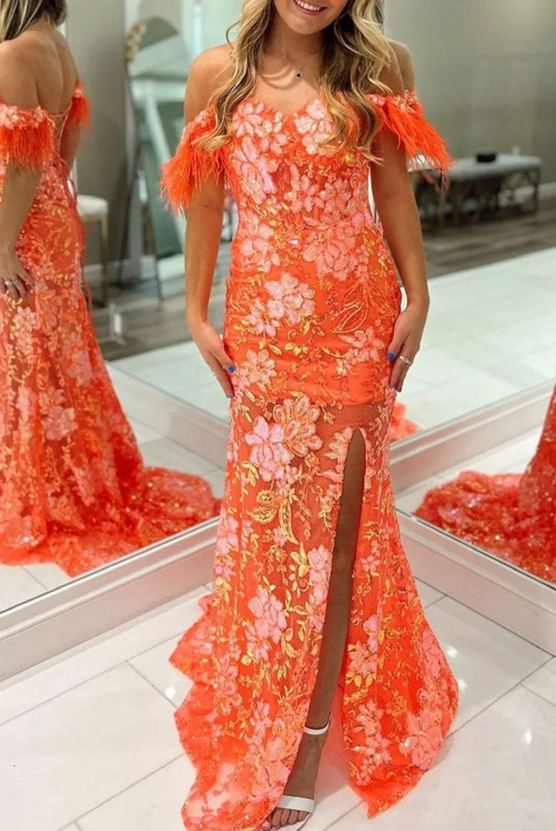 Jalea | Orange Sweetheart Mermaid Lace Long Prom Dresses With Split
