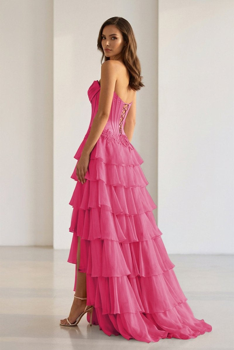 Jaleira | Pink - Sweetheart Chiffon Ruffled A Line Formal Prom Dresses With Appliques - KissProm