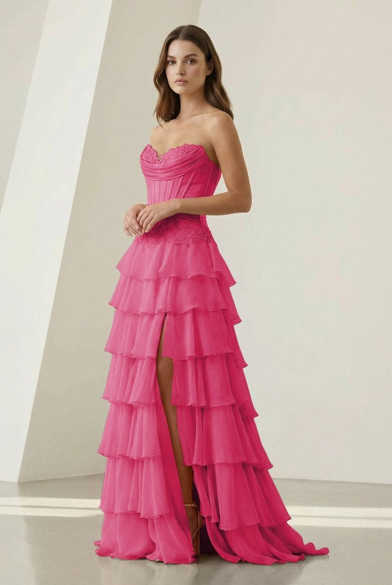 Jaleira | Pink - Sweetheart Chiffon Ruffled A Line Formal Prom Dresses With Appliques - KissProm
