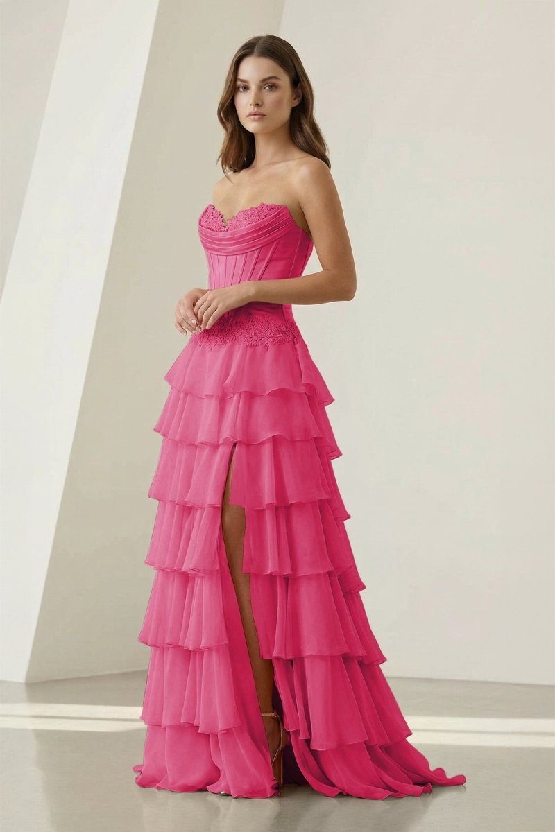 Jaleira | Pink - Sweetheart Chiffon Ruffled A Line Formal Prom Dresses With Appliques - KissProm