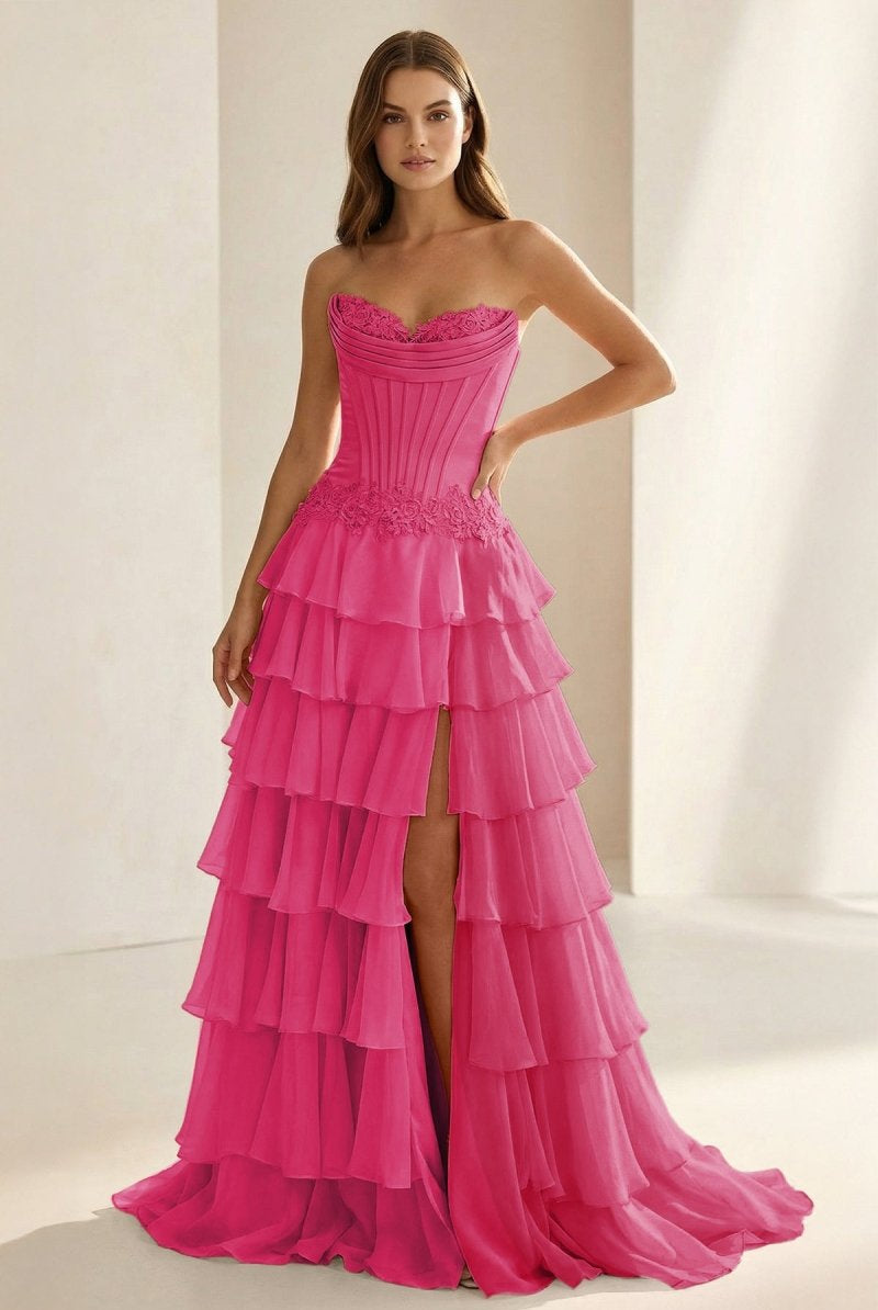 Jaleira | Pink - Sweetheart Chiffon Ruffled A Line Formal Prom Dresses With Appliques - KissProm