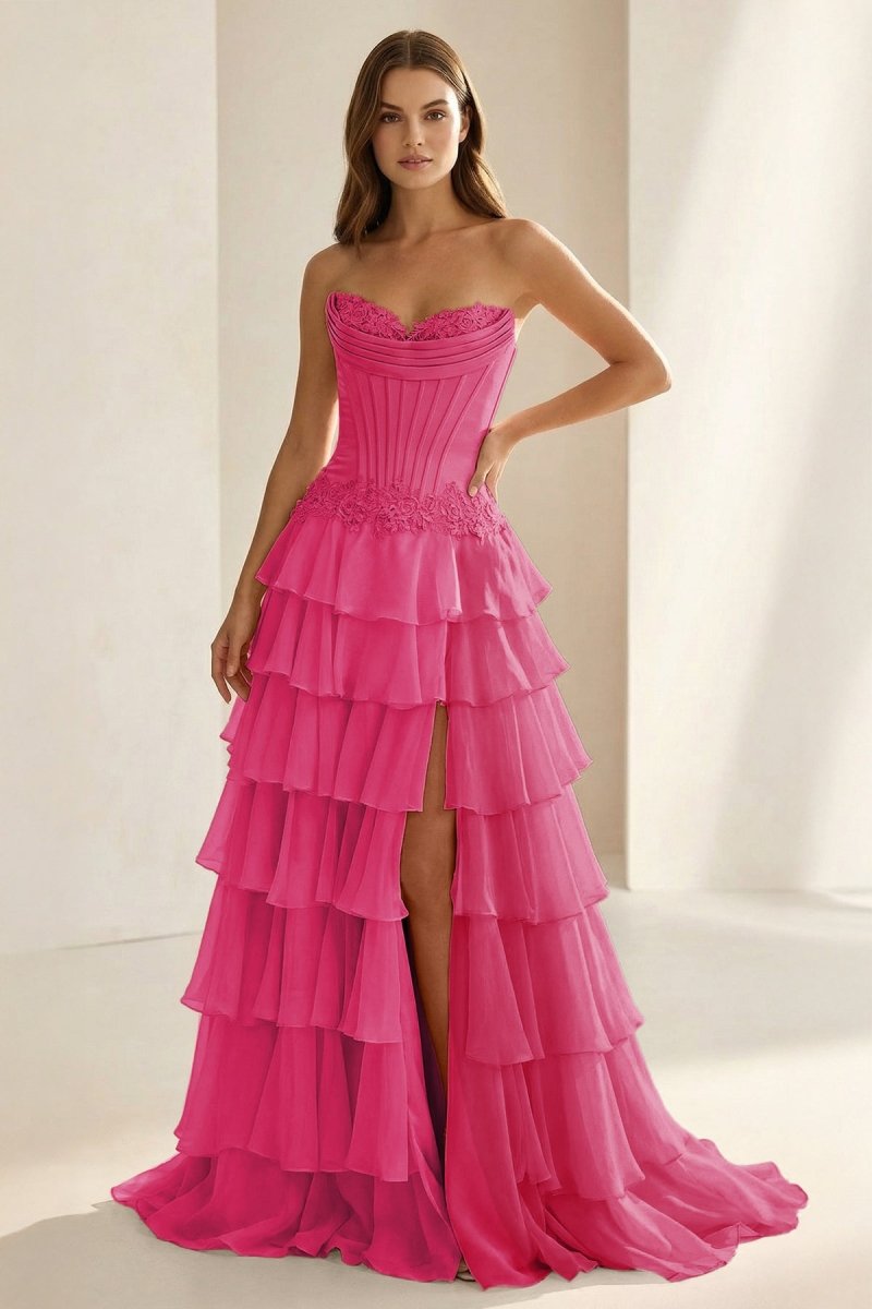 Jaleira | Pink - Sweetheart Chiffon Ruffled A Line Formal Prom Dresses With Appliques - KissProm