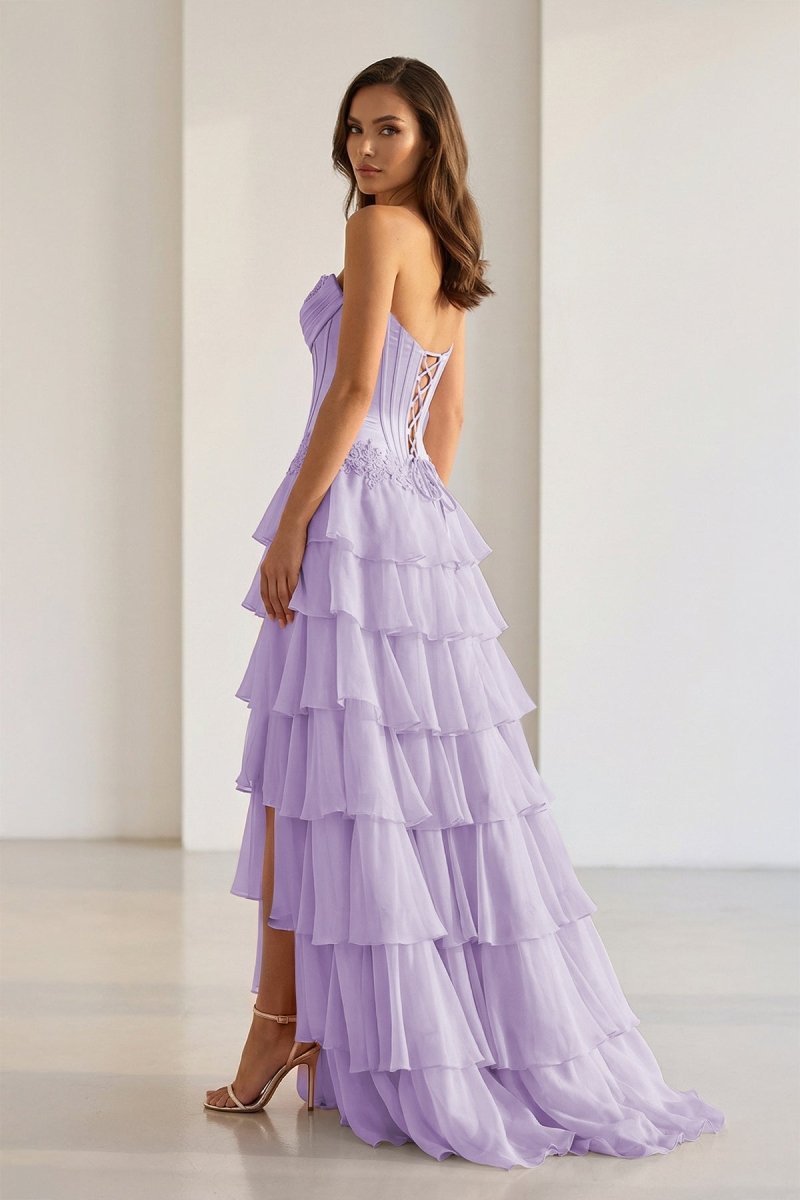 Jaleira | Pink - Sweetheart Chiffon Ruffled A Line Formal Prom Dresses With Appliques - KissProm