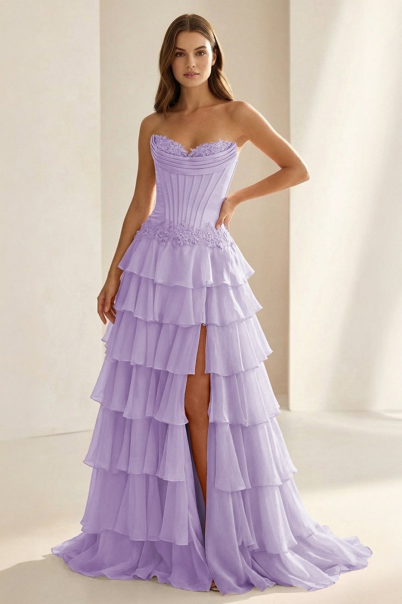 Jaleira | Pink - Sweetheart Chiffon Ruffled A Line Formal Prom Dresses With Appliques - KissProm