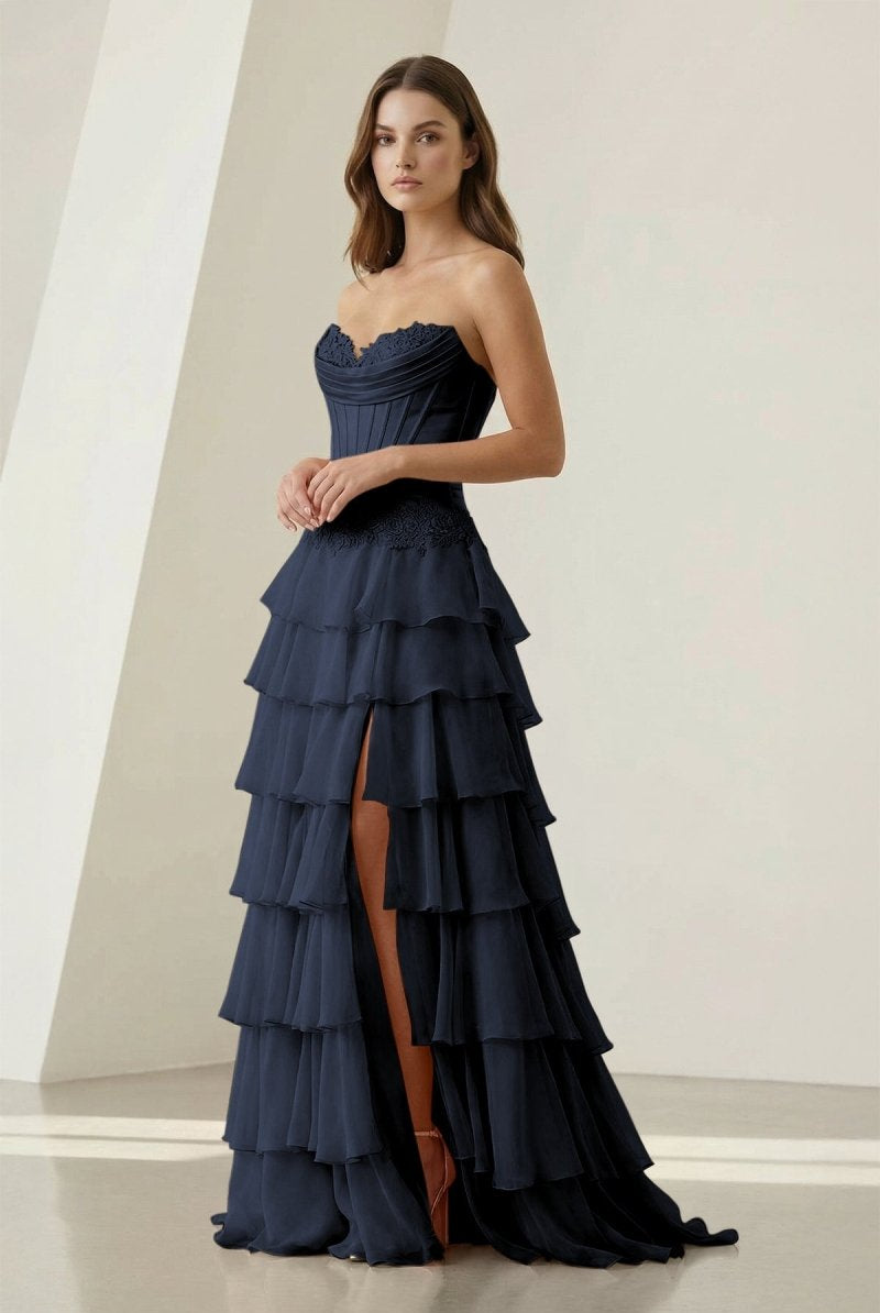 Jaleira | Pink - Sweetheart Chiffon Ruffled A Line Formal Prom Dresses With Appliques - KissProm