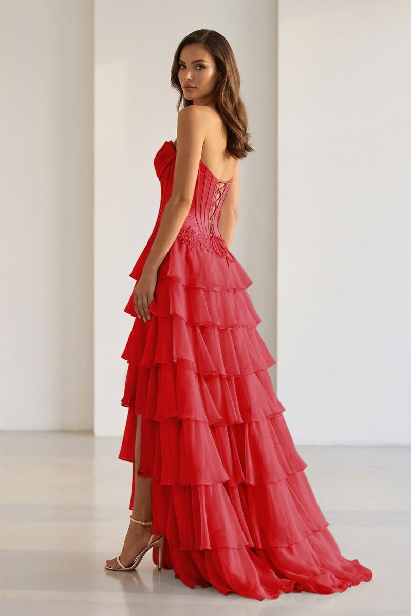 Jaleira | Pink - Sweetheart Chiffon Ruffled A Line Formal Prom Dresses With Appliques - KissProm
