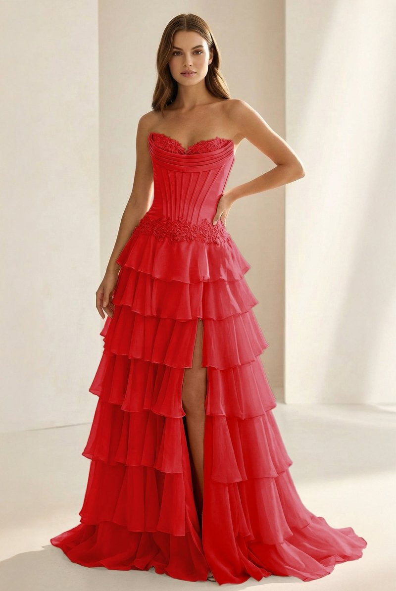 Jaleira | Pink - Sweetheart Chiffon Ruffled A Line Formal Prom Dresses With Appliques - KissProm