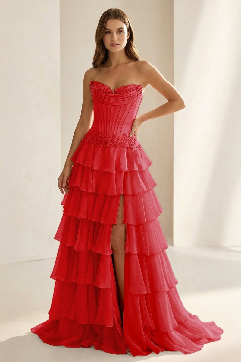 Jaleira | Pink - Sweetheart Chiffon Ruffled A Line Formal Prom Dresses With Appliques - KissProm