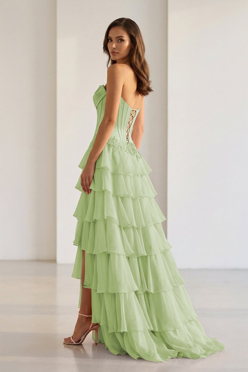 Jaleira | Pink - Sweetheart Chiffon Ruffled A Line Formal Prom Dresses With Appliques - KissProm