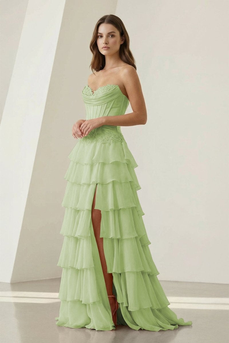 Jaleira | Pink - Sweetheart Chiffon Ruffled A Line Formal Prom Dresses With Appliques - KissProm