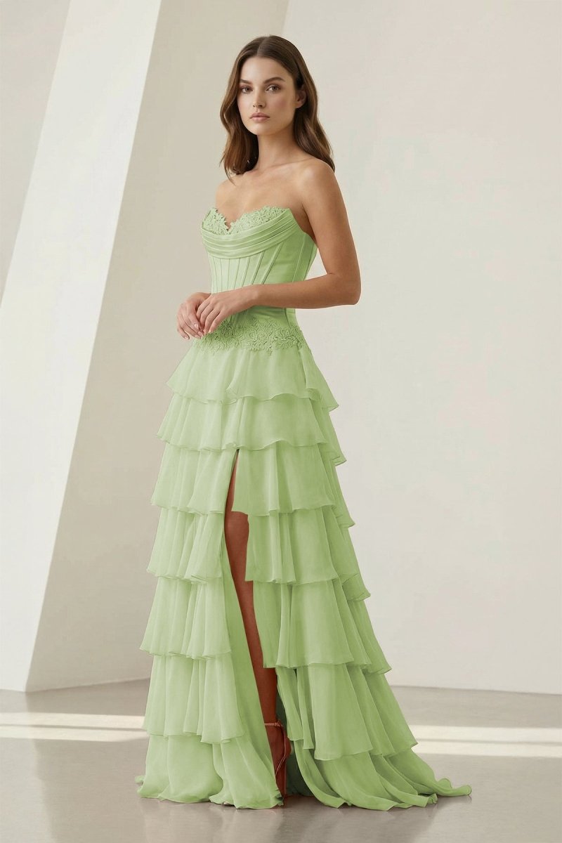 Jaleira | Pink - Sweetheart Chiffon Ruffled A Line Formal Prom Dresses With Appliques - KissProm