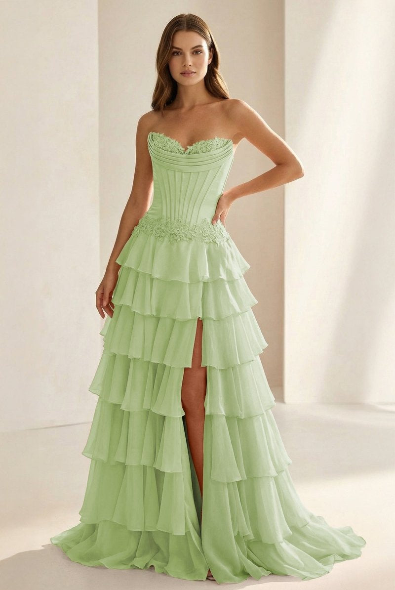 Jaleira | Pink - Sweetheart Chiffon Ruffled A Line Formal Prom Dresses With Appliques - KissProm