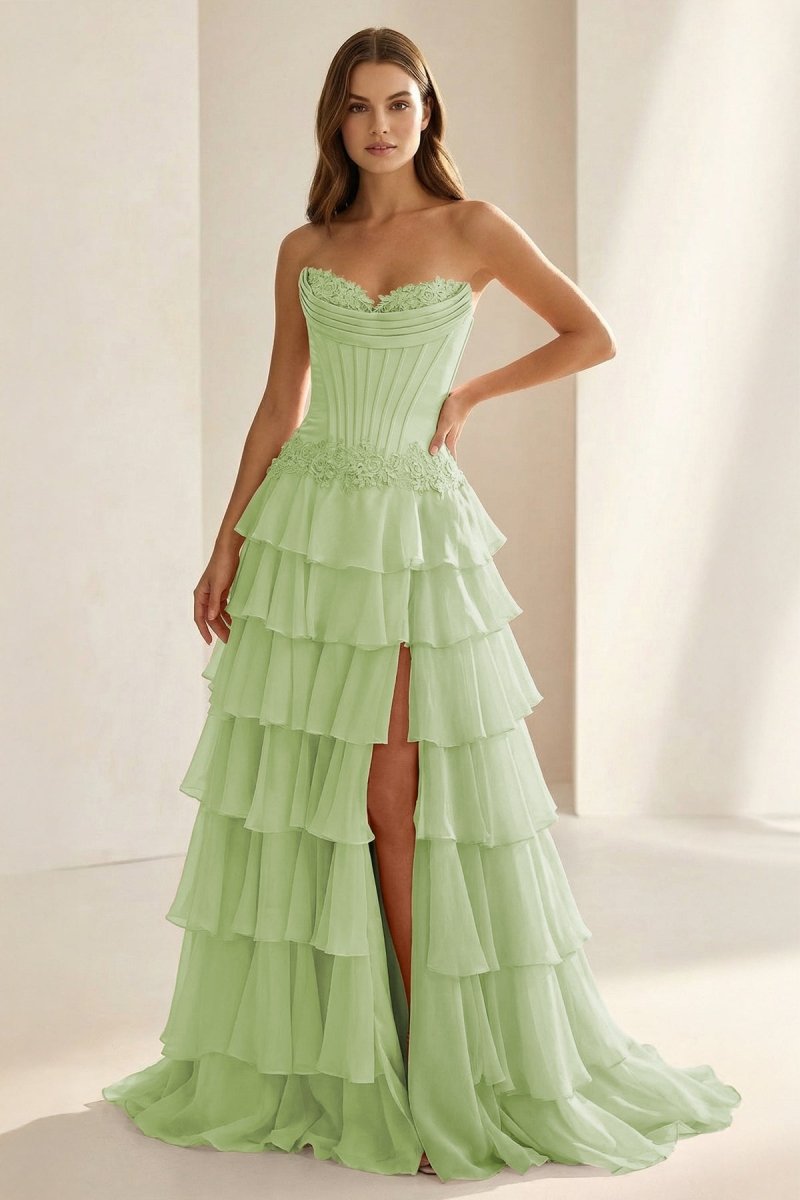 Jaleira | Pink - Sweetheart Chiffon Ruffled A Line Formal Prom Dresses With Appliques - KissProm