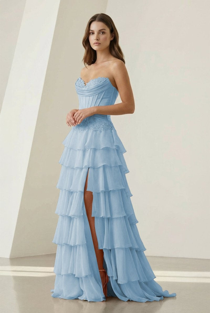 Jaleira | Pink - Sweetheart Chiffon Ruffled A Line Formal Prom Dresses With Appliques - KissProm