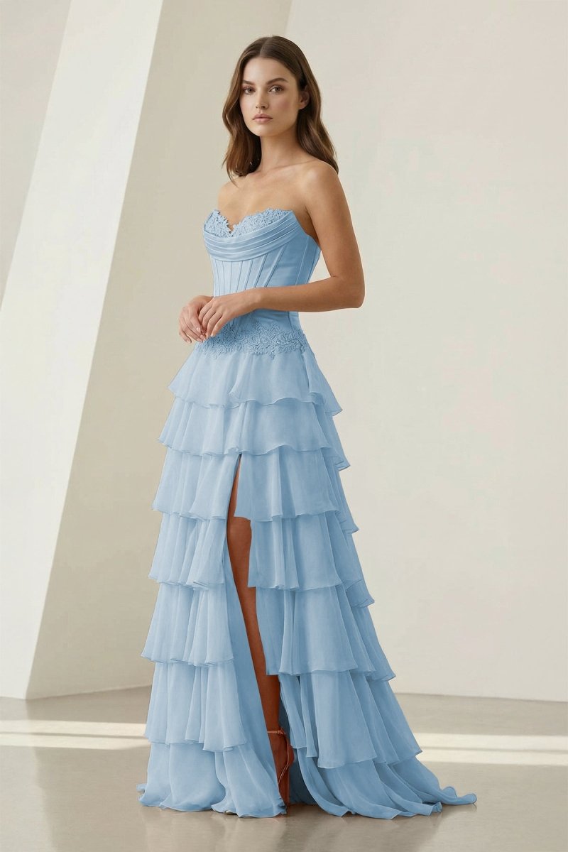 Jaleira | Pink - Sweetheart Chiffon Ruffled A Line Formal Prom Dresses With Appliques - KissProm