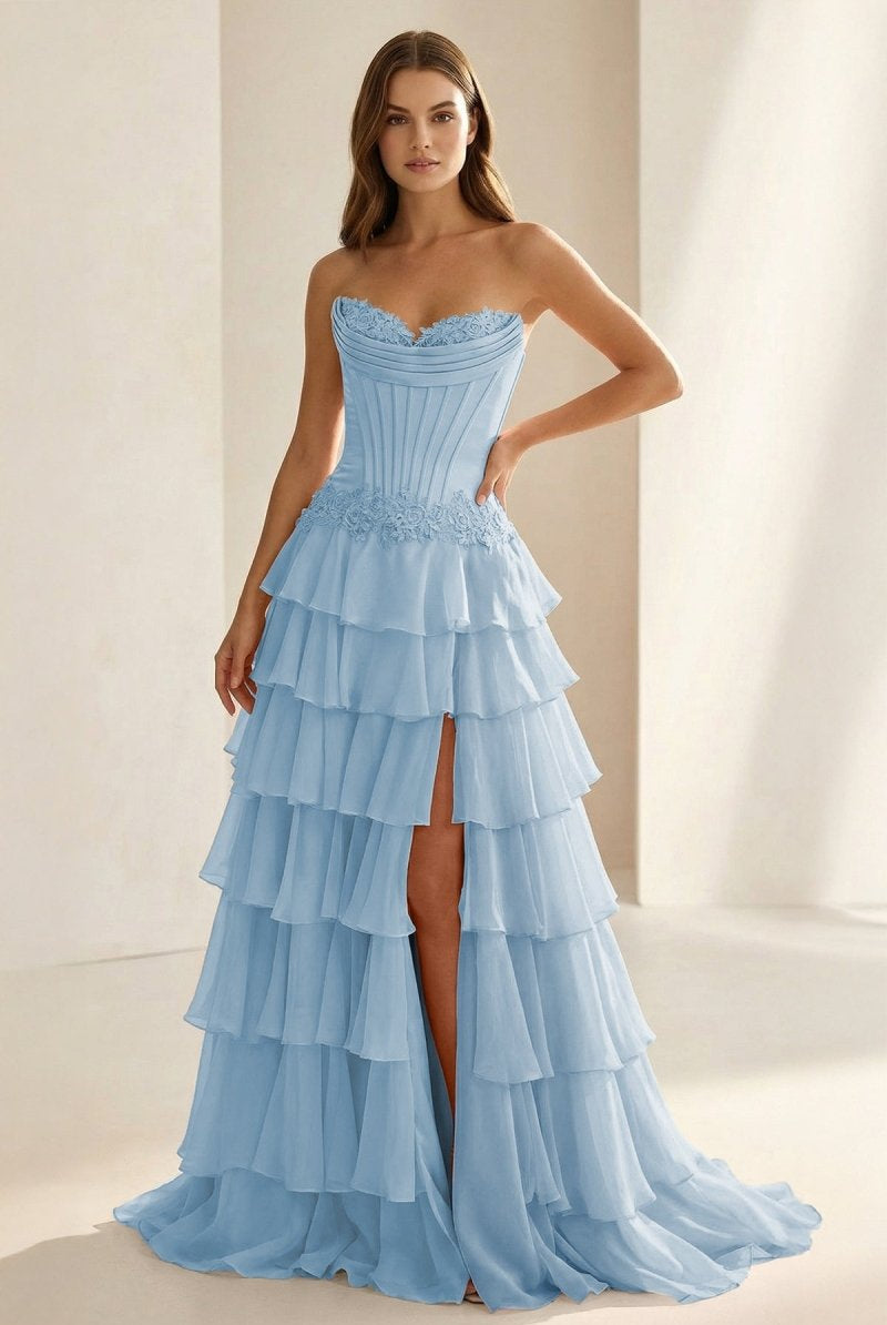 Jaleira | Pink - Sweetheart Chiffon Ruffled A Line Formal Prom Dresses With Appliques - KissProm