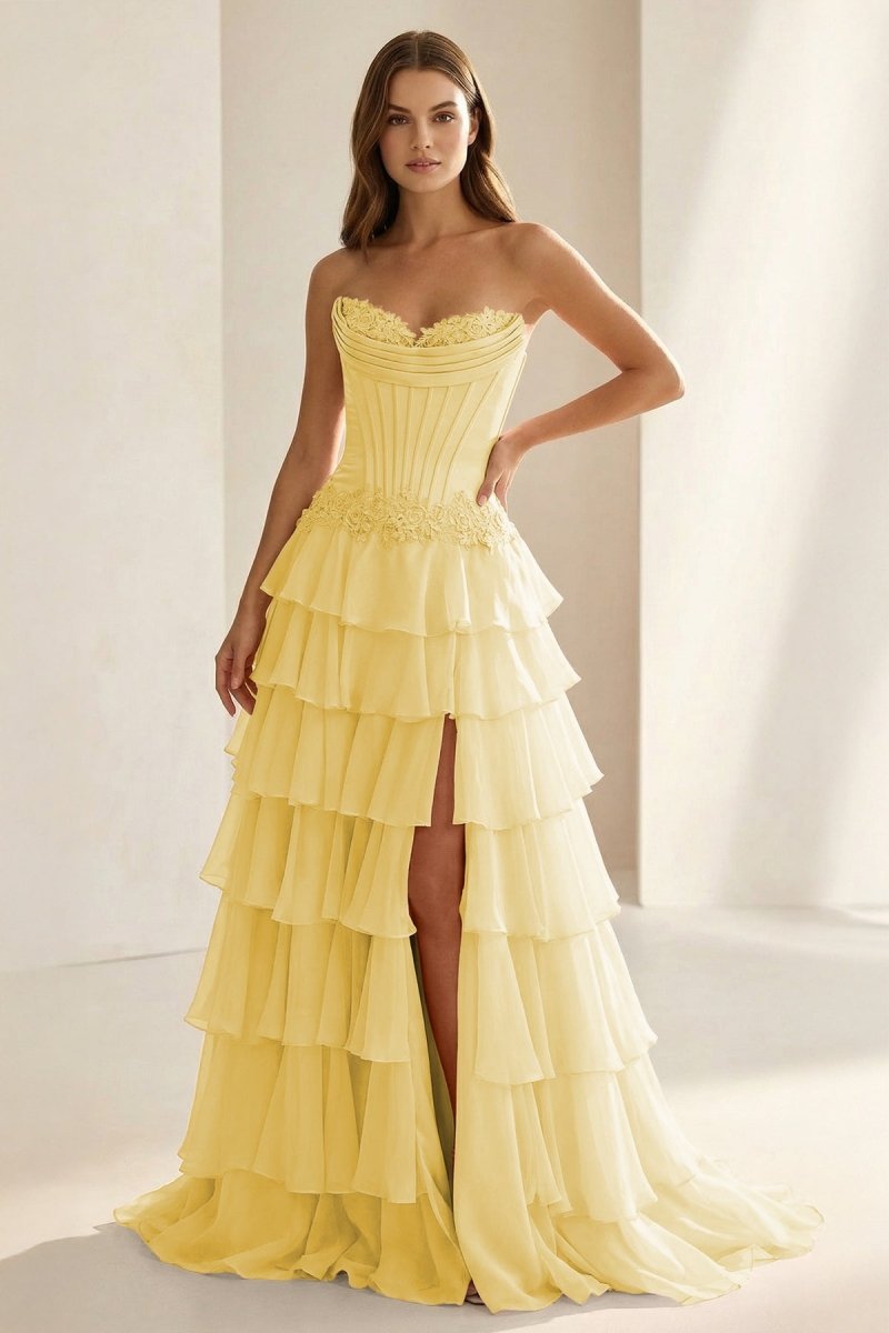 Jaleira | Pink - Sweetheart Chiffon Ruffled A Line Formal Prom Dresses With Appliques - KissProm