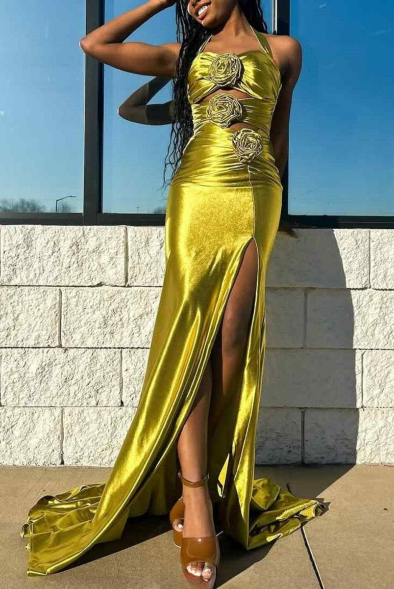 Jana | Floral Applique Halter Fuchsia Mermaid Prom Dress with Cut-out