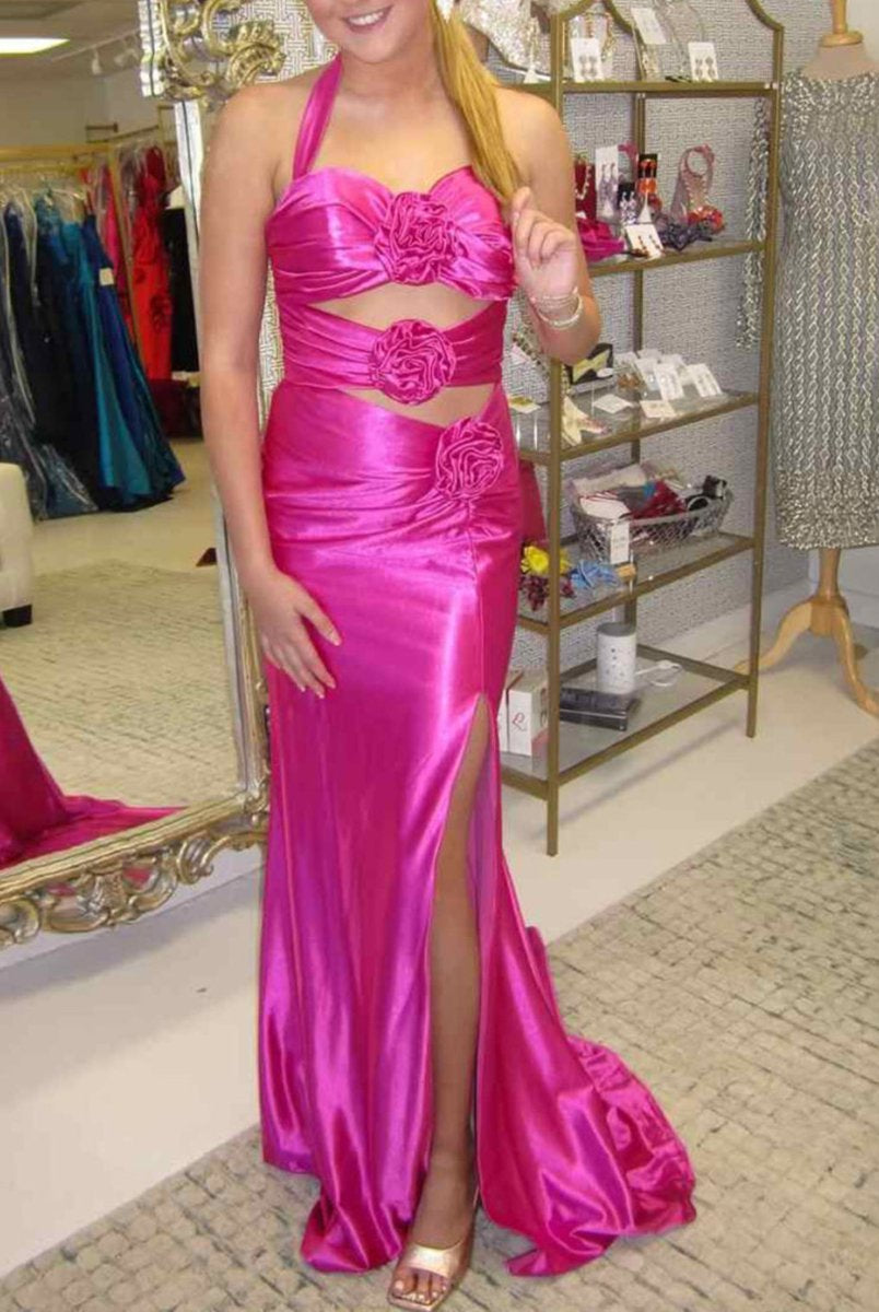 Jana | Floral Applique Halter Fuchsia Mermaid Prom Dress with Cut-out